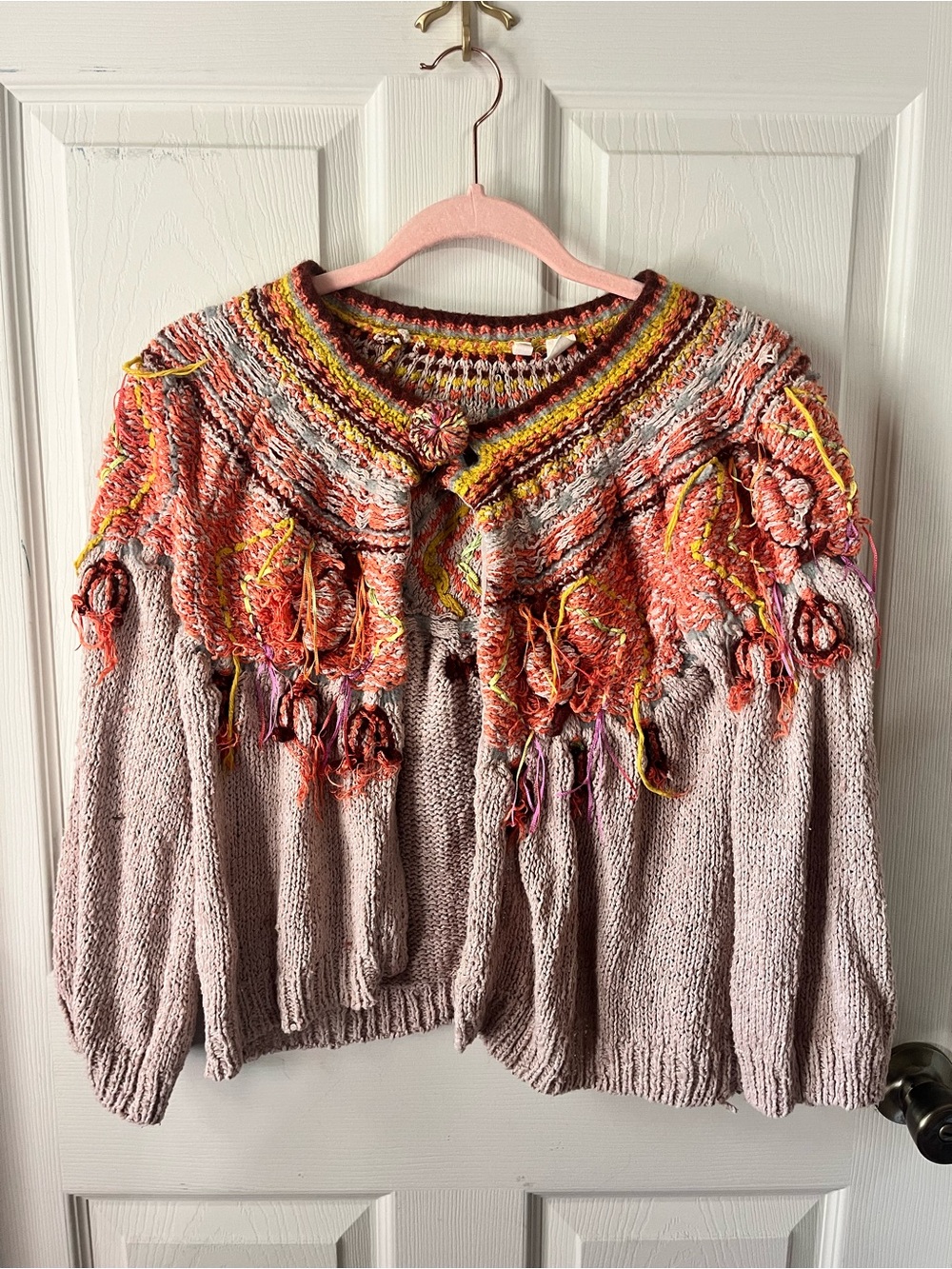 Anthropologie Boho Tassel Knit Sweater - Pink & Multicolor